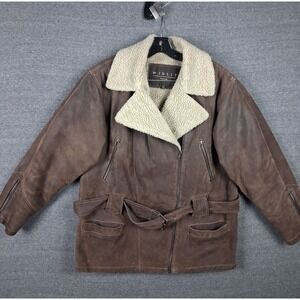 Winlit Womens‎ Jacket Medium Brown Leather Sherpa Collar Moto Belted VTG Classic